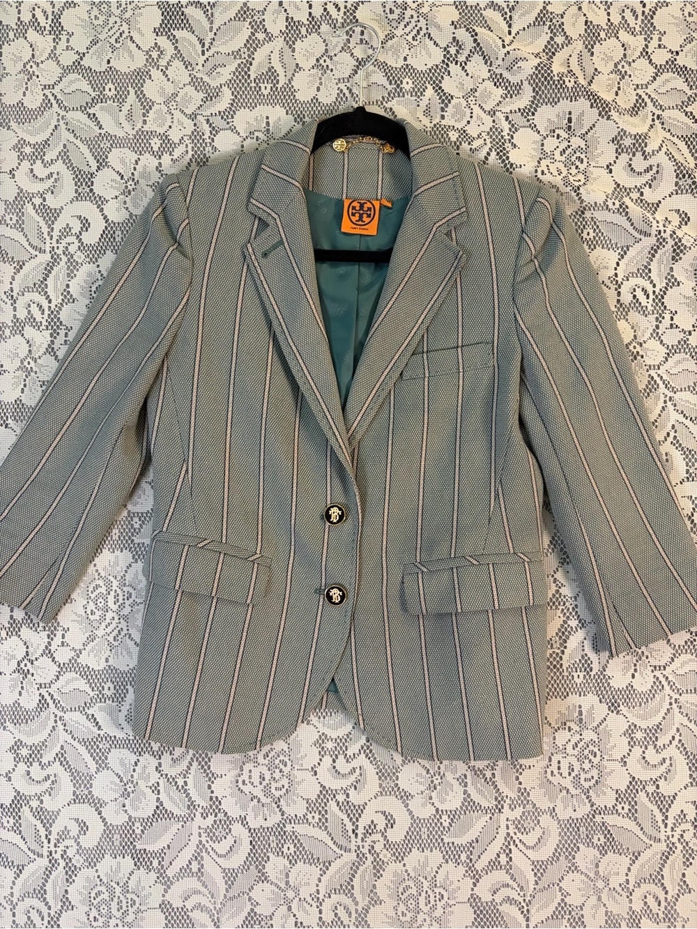 Tory Burch Sage Green & Creme Striped Tailored Cotton Single-Breasted Blazer
